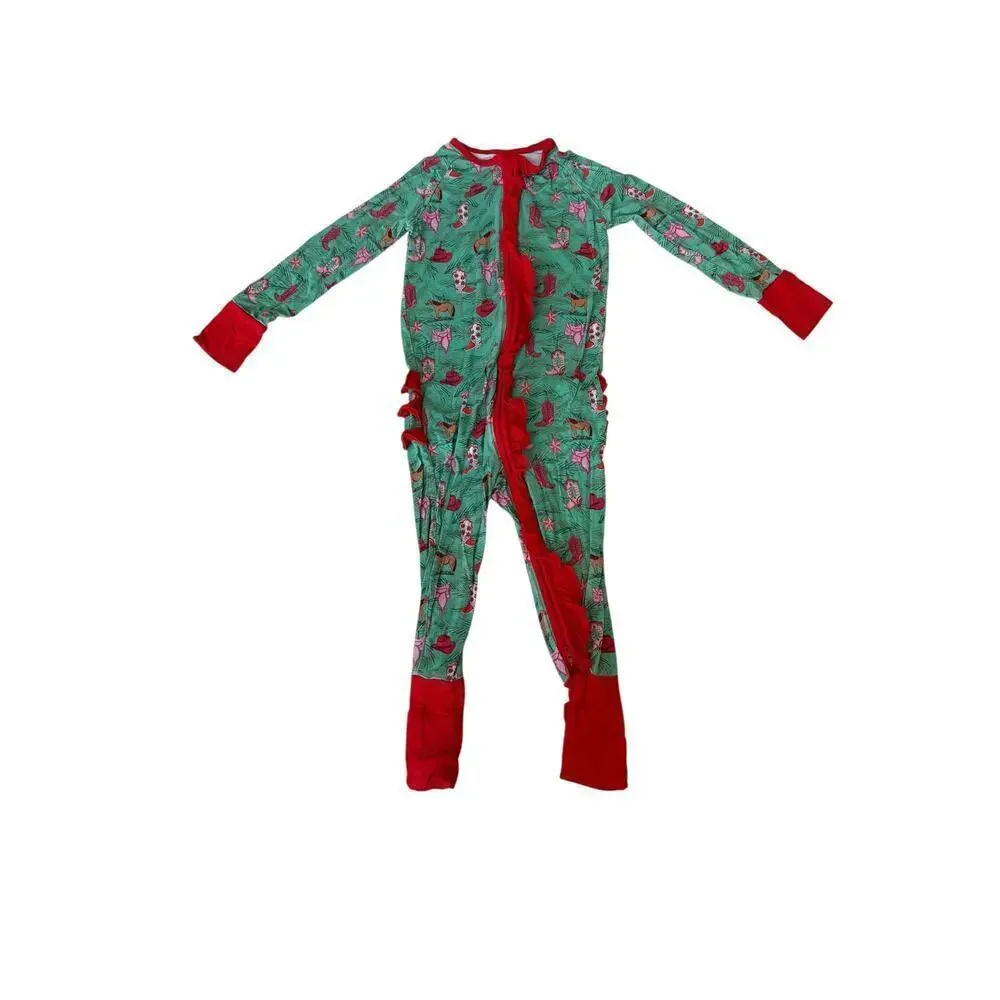 Poppy Kids Baby Green Cowgirl Christmas Bamboo Ruffle Romper Size 18-24 M